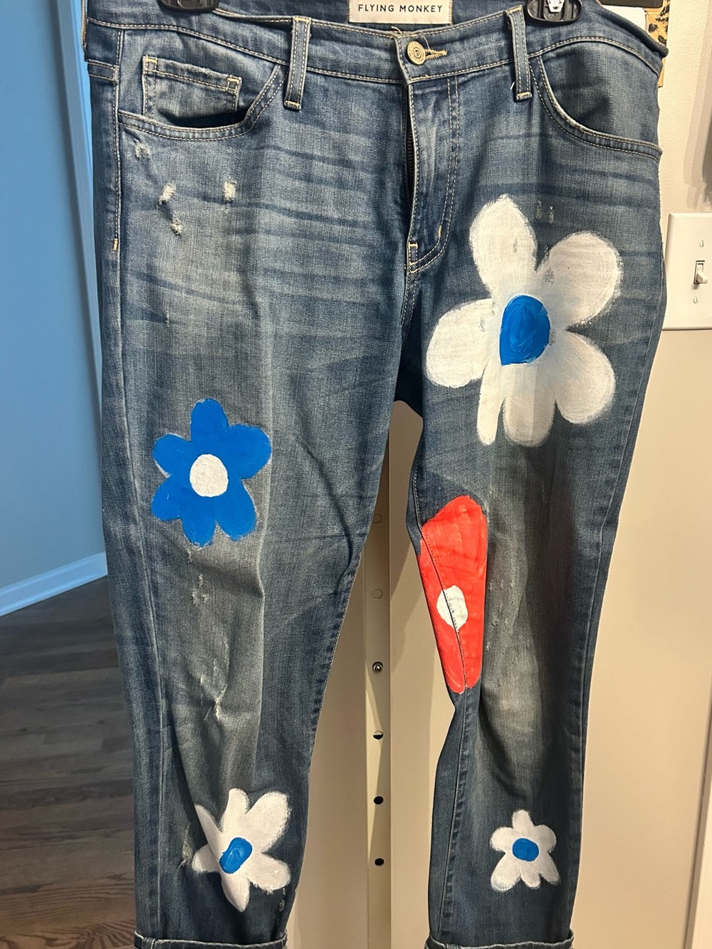 Flying Monkey Painted Floral Ankle Jeans in Blue, White, Red Flowers.